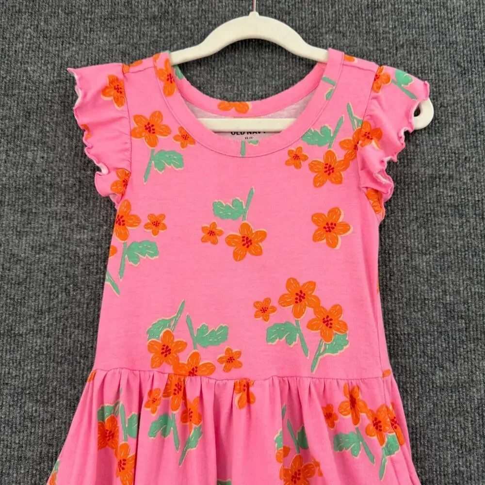 Old Navy Girls Floral Flutter Sleeve Dress Size XS 5 Pink Jersey Knit Pockets